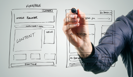 Website wireframes and visual mockups outlining layout and user flow
